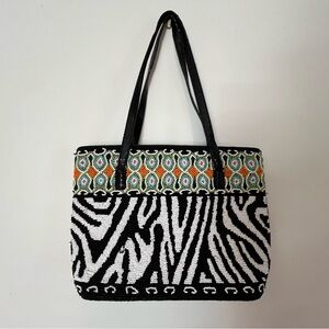 Black & White Zebra Beaded Tote with Multicolor Trim - Women Bags